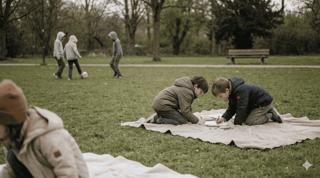 Children spending time together during a contact arrangement in a public park
