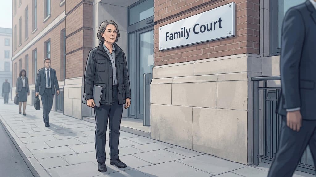 Calm parent receiving specialist support outside a UK Family Court building