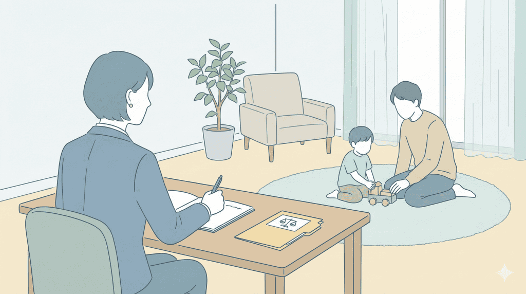 Alt text:
Cafcass officer observing parent and child during assessment