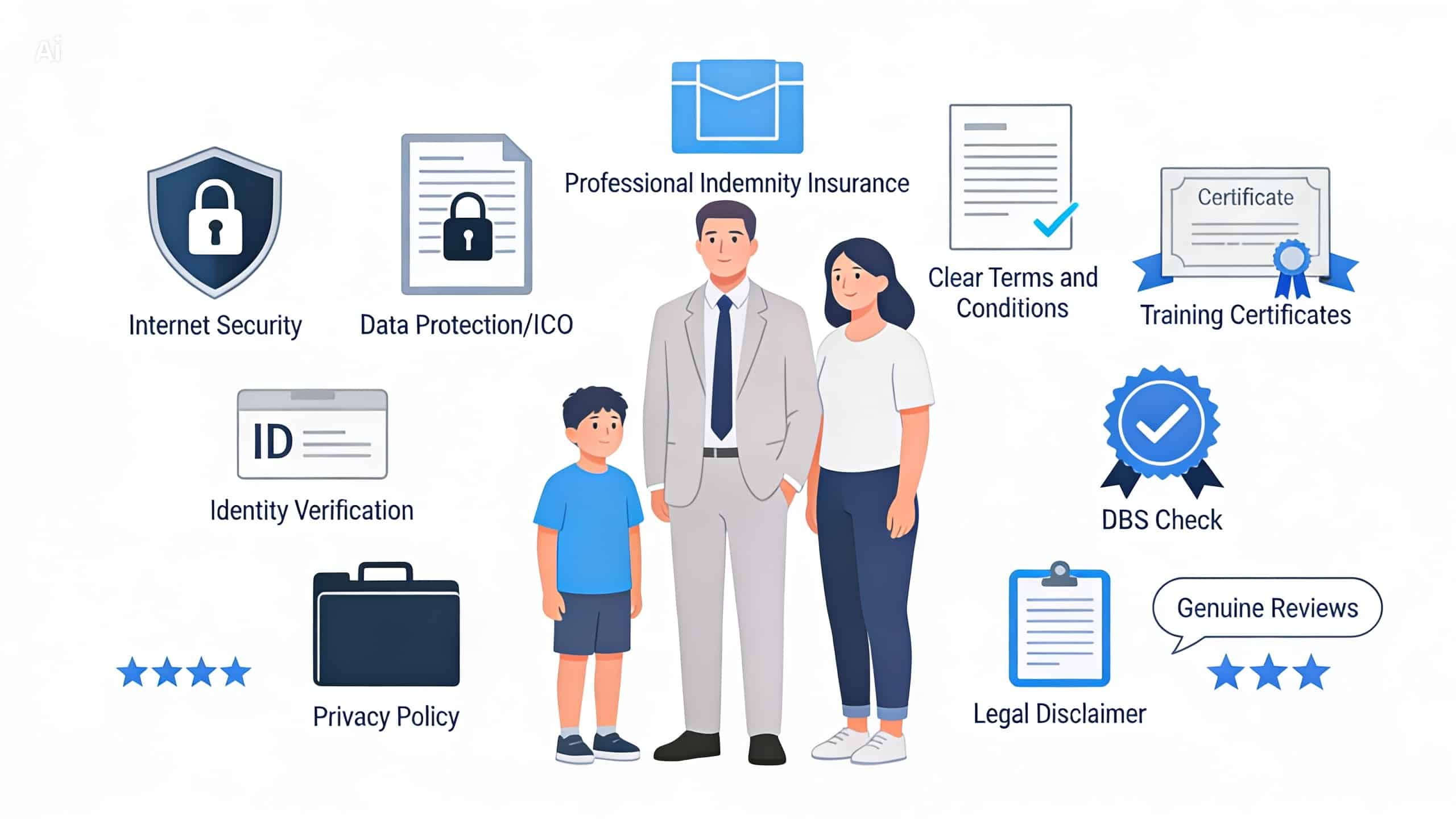 Visual overview of professional safeguards used by a McKenzie Friend, including data protection, DBS checks, insurance, training, and privacy policies.