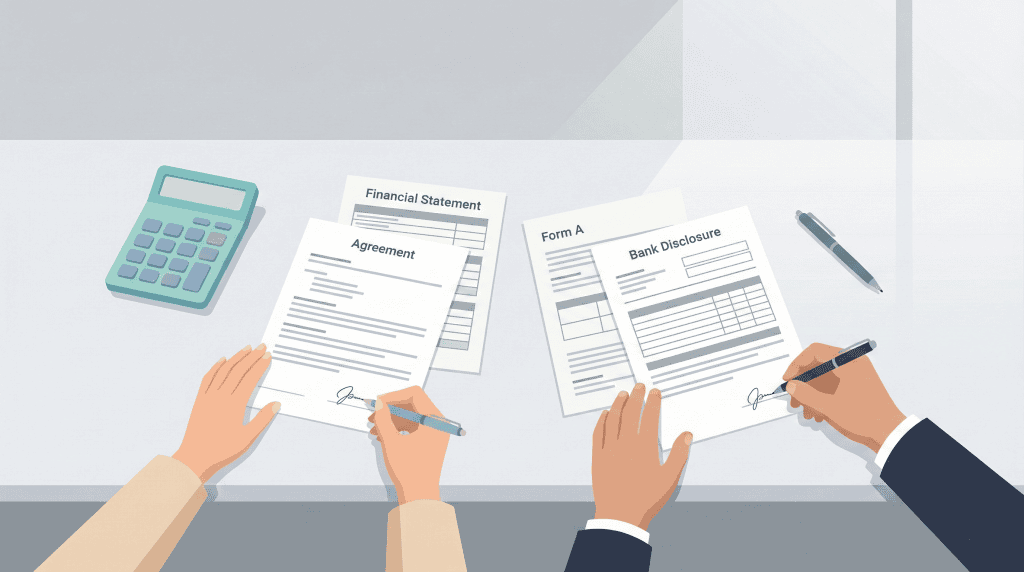 Illustration of a man and woman signing financial remedy settlement documents with calculator on desk