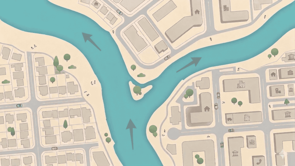 Divorce pathways illustration showing separation into two directions in a city environment