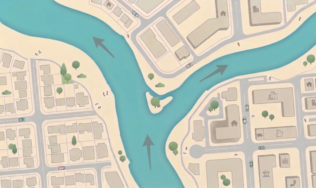 Divorce pathways illustration showing separation into two directions in a city environment