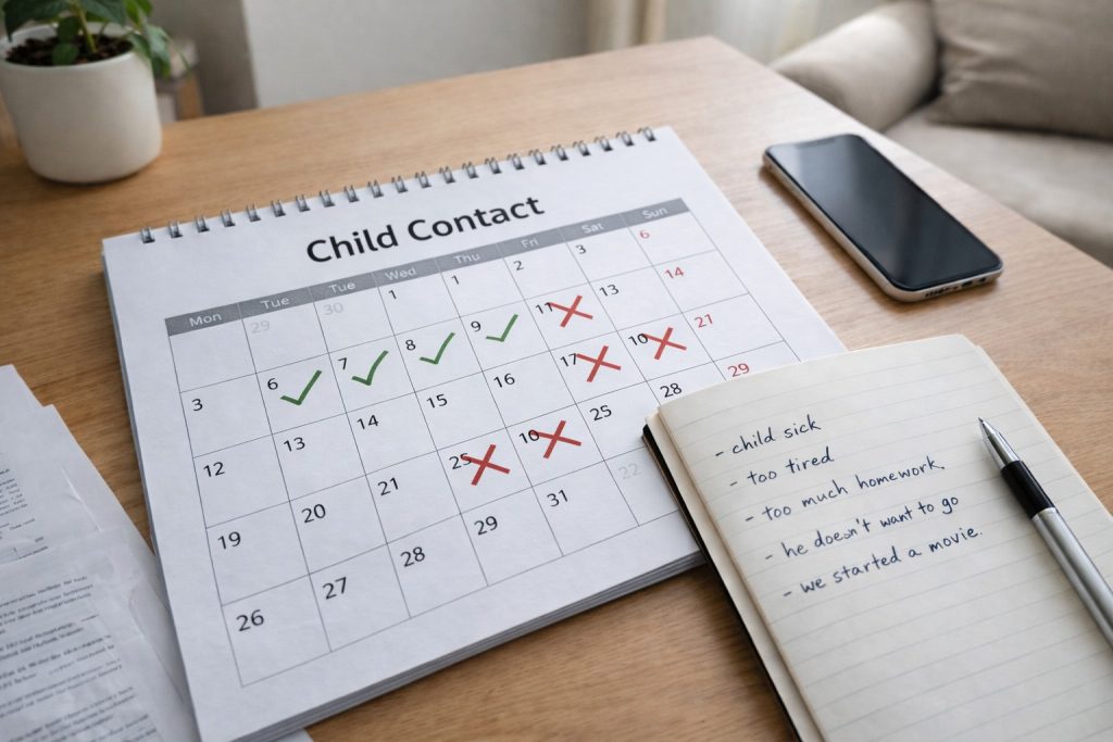 Child Arrangements Order not followed, shown as a child contact calendar with cancelled visits and handwritten reasons.