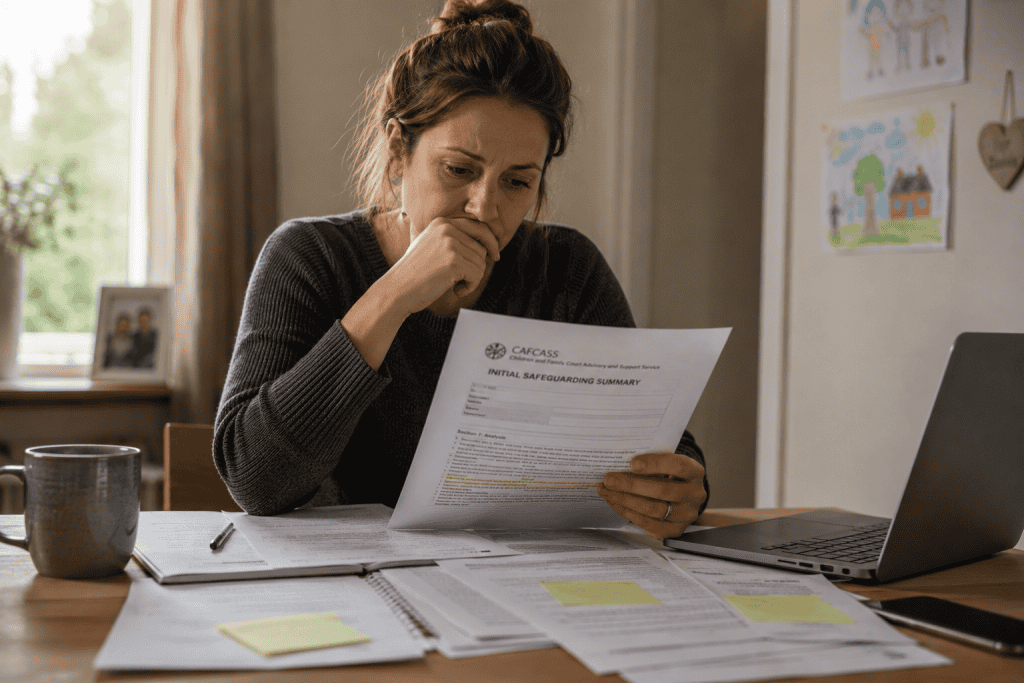 Parent reading an early safeguarding summary during Pathfinder family court proceedings