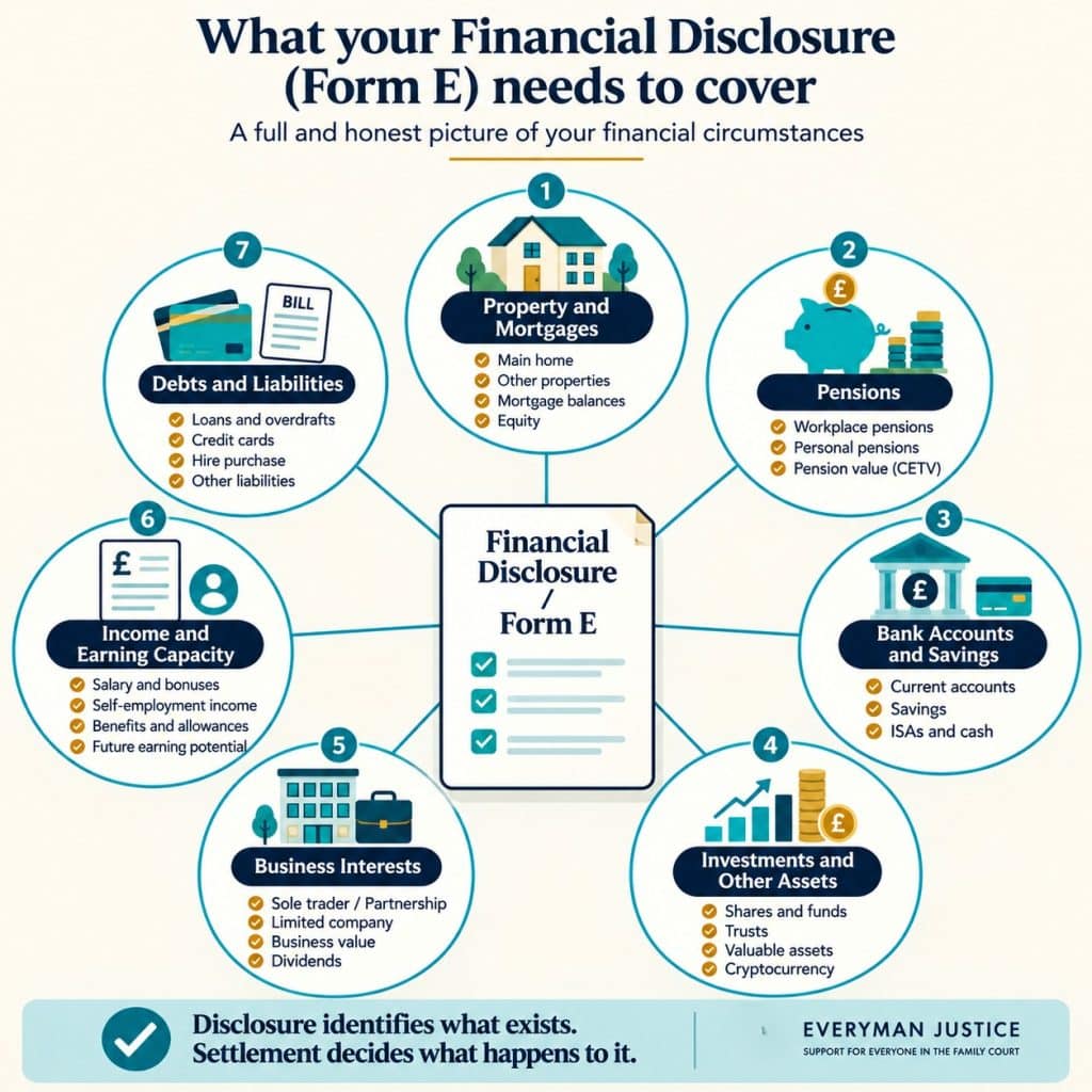 Financial disclosure map showing property, pensions, savings, investments, businesses, income and debts around Form E.