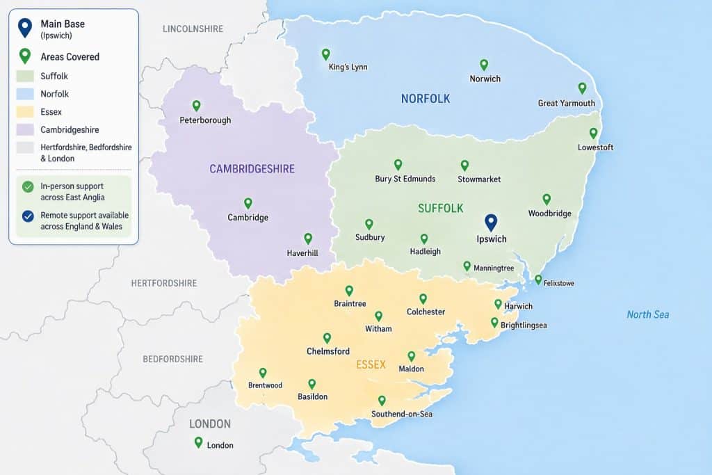 Map showing the main Everyman Justice service areas across Suffolk, Norfolk, Essex and Cambridgeshire, with support available in Ipswich, Norwich, Great Yarmouth, Cambridge, Peterborough, Colchester, Chelmsford, Southend-on-Sea and surrounding towns.