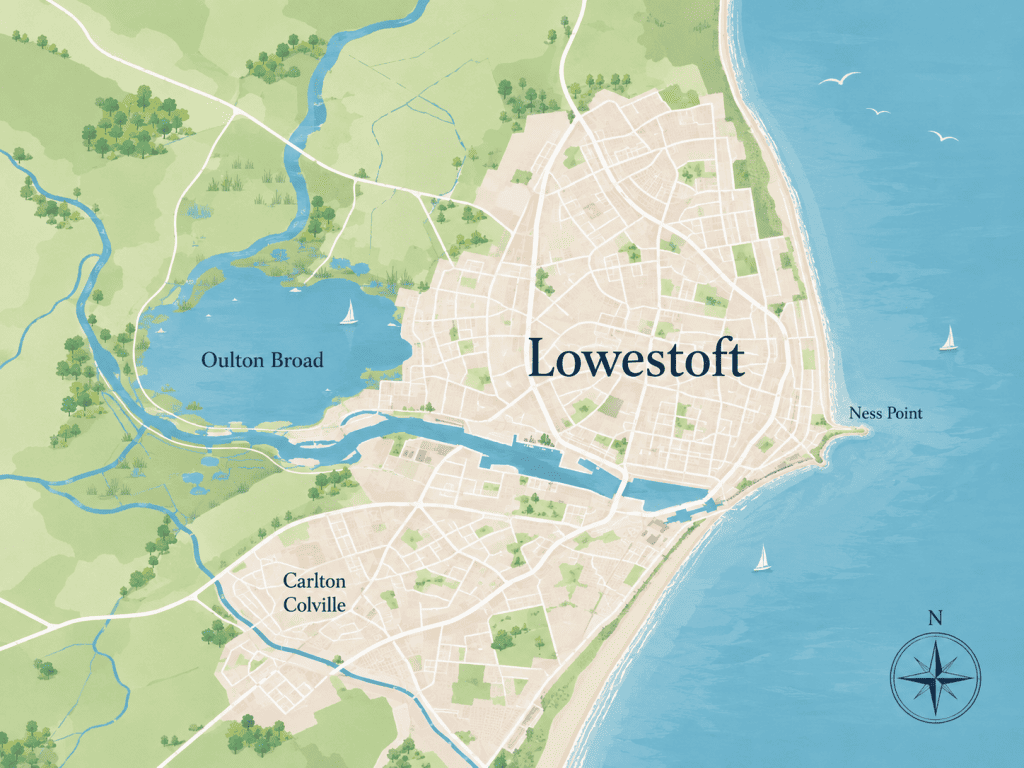 Illustrated map of Lowestoft, Oulton Broad, Carlton Colville and Ness Point in Suffolk