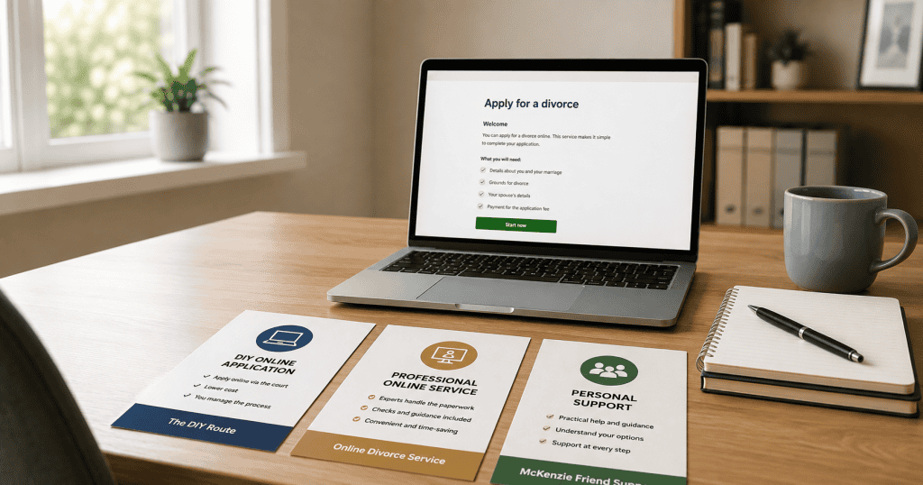 Laptop and documents representing online divorce and DIY divorce options in England and Wales